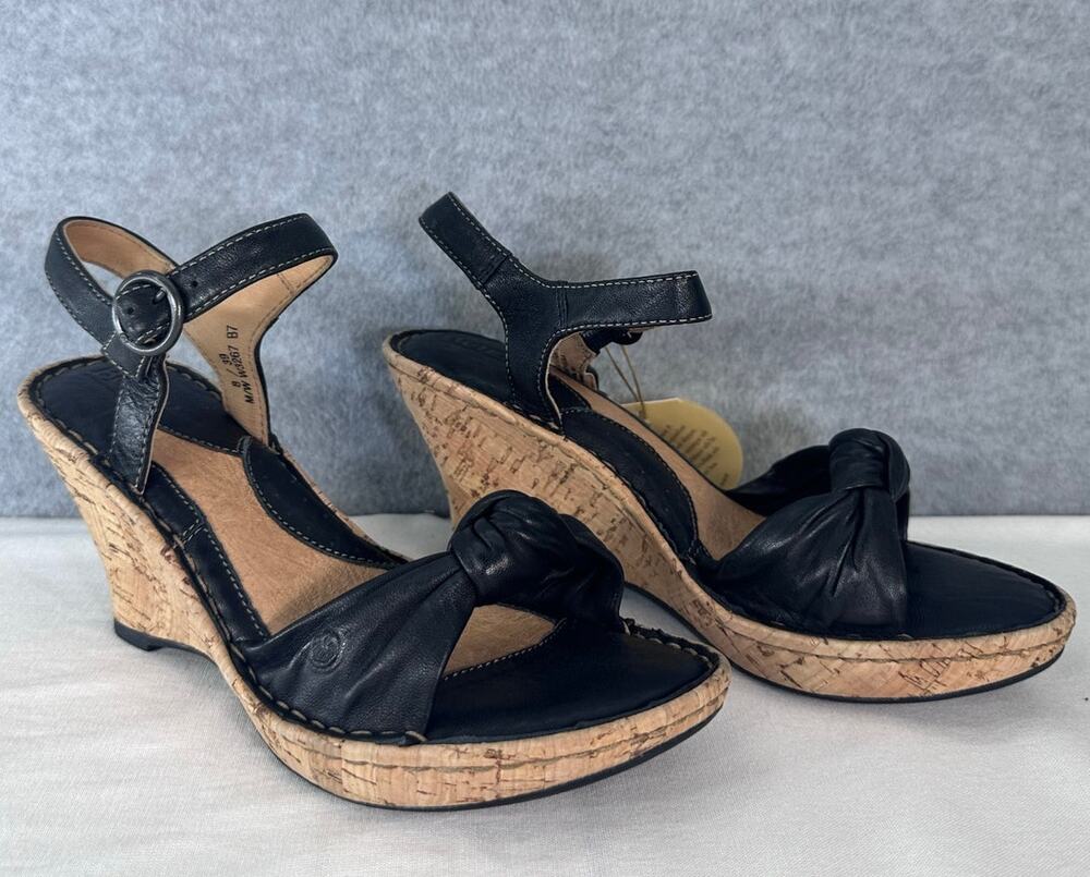 Born NWT Women's sz 8 Black Leather Knot Platform Wedge Ankle Strap Cork Heel